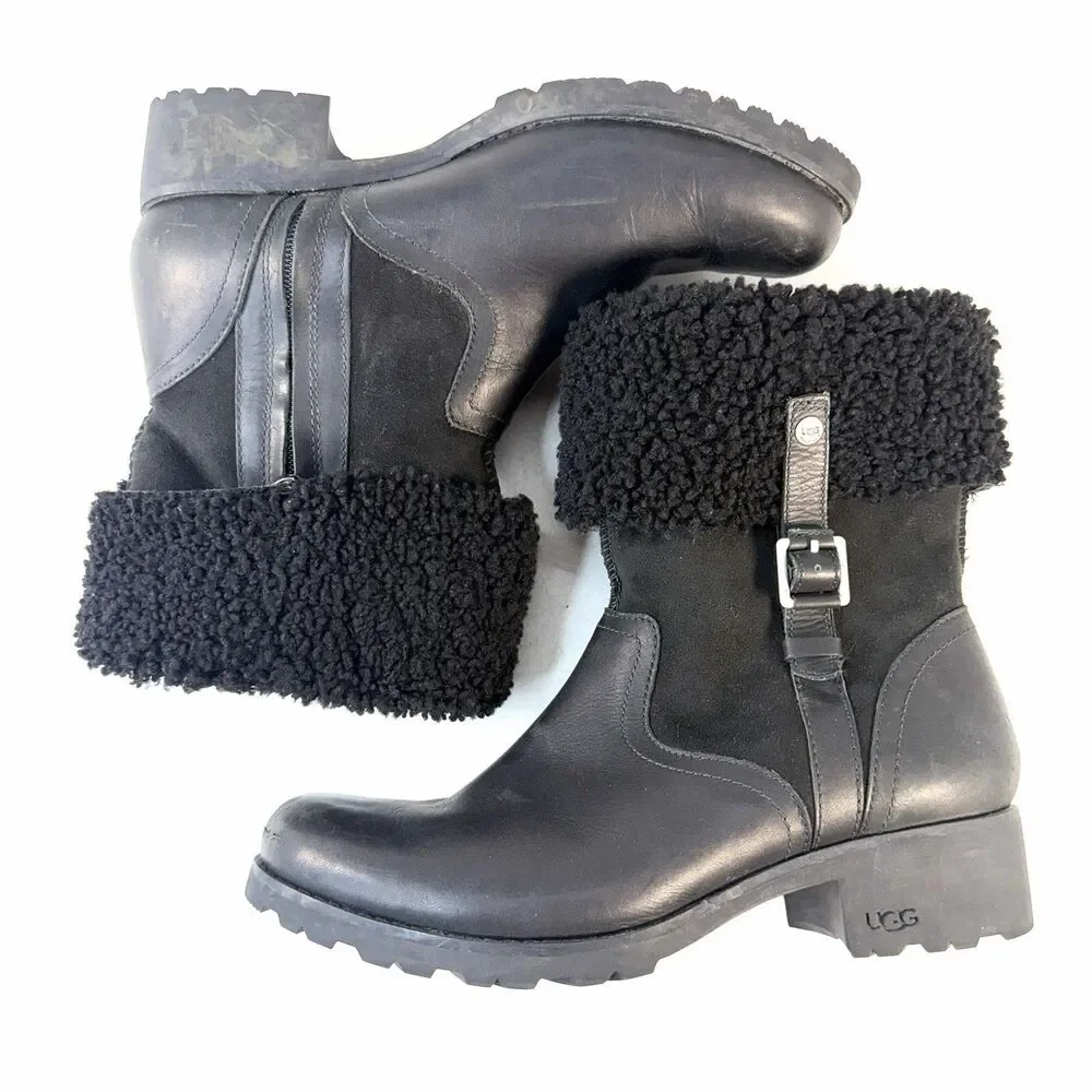 UGG Australia Bellevue Shearling Fold Over Moto Black Leather Boots Sz 10 U.S.